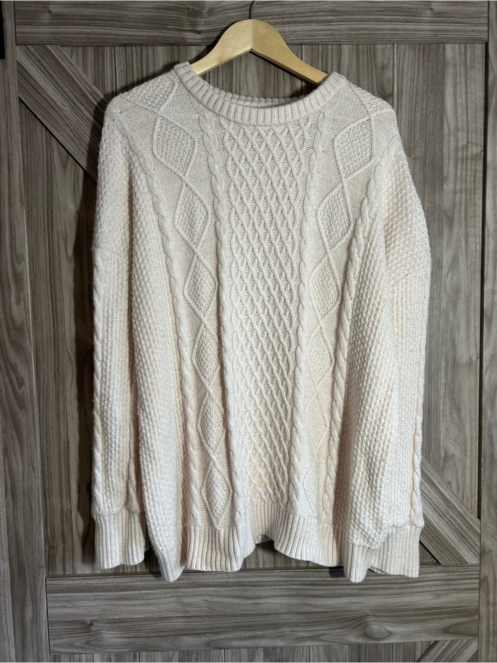 Kersh Oversized Cable fisherman Knit Sweater Ivory Cream Merino Wool Blend Size